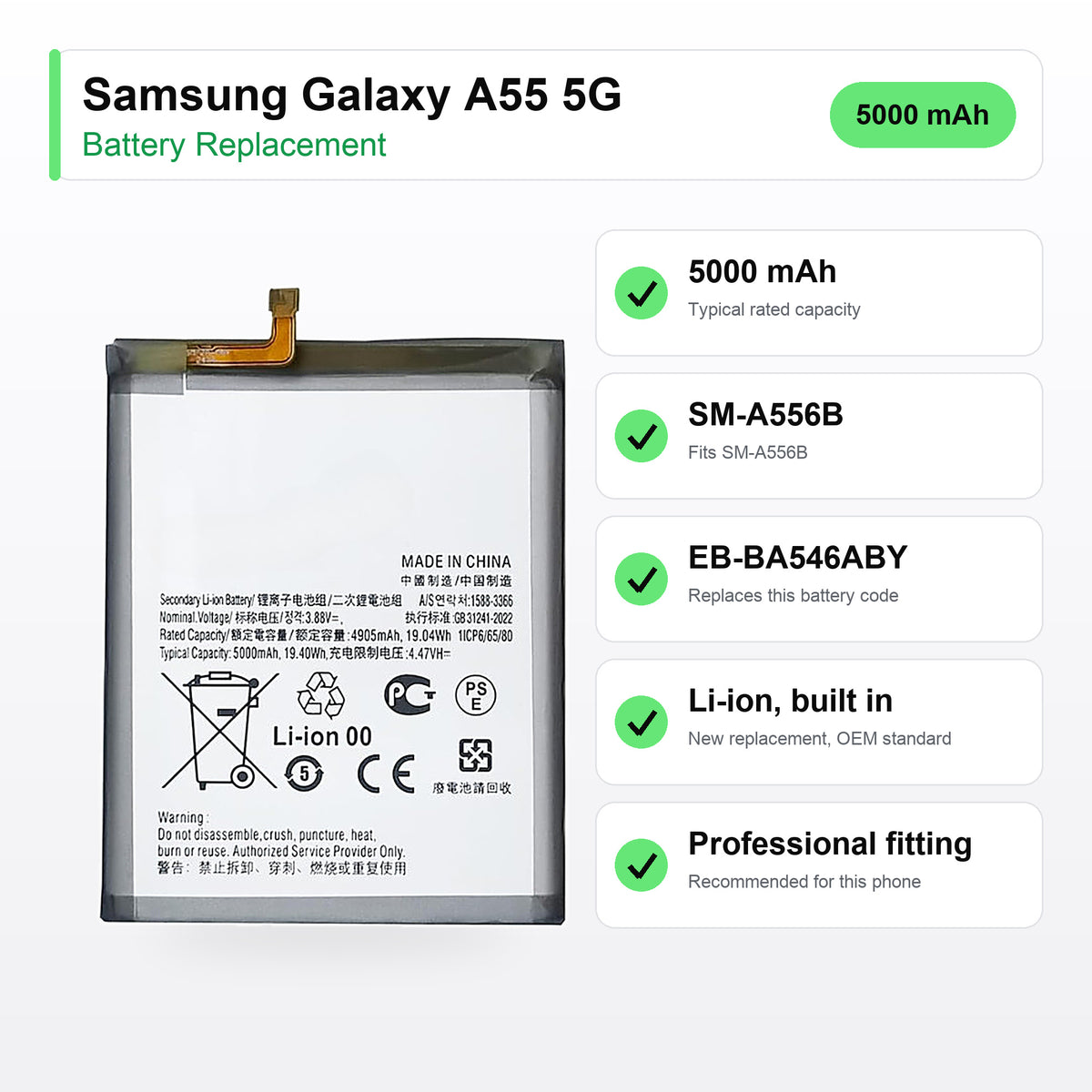 Samsung Galaxy A55 5G battery replacement specs: 5000 mAh, SM-A556B, EB-BA546ABY