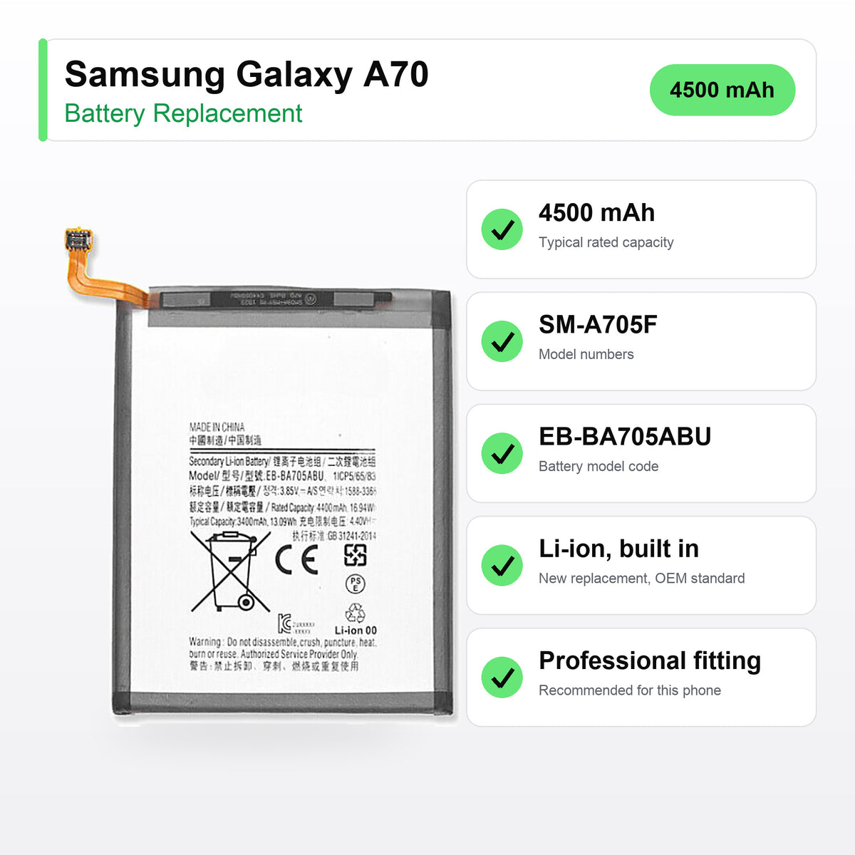 Samsung Galaxy A70 battery replacement specs: 4500 mAh, SM-A705F, EB-BA705ABU