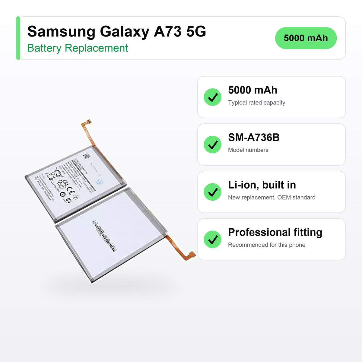 Samsung Galaxy A73 5G battery replacement specs: 5000 mAh, SM-A736B