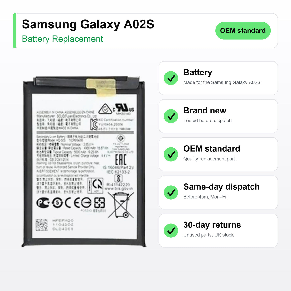 Samsung Galaxy A02S battery key facts: brand new, tested, same-day UK dispatch