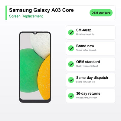 Samsung Galaxy A03 Core screen key facts: brand new, tested, same-day UK dispatch