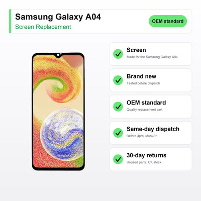 Samsung Galaxy A04 screen key facts: brand new, tested, same-day UK dispatch