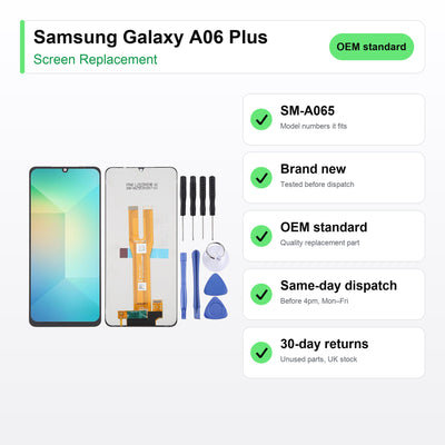 Samsung Galaxy A06 Plus screen key facts: brand new, tested, same-day UK dispatch