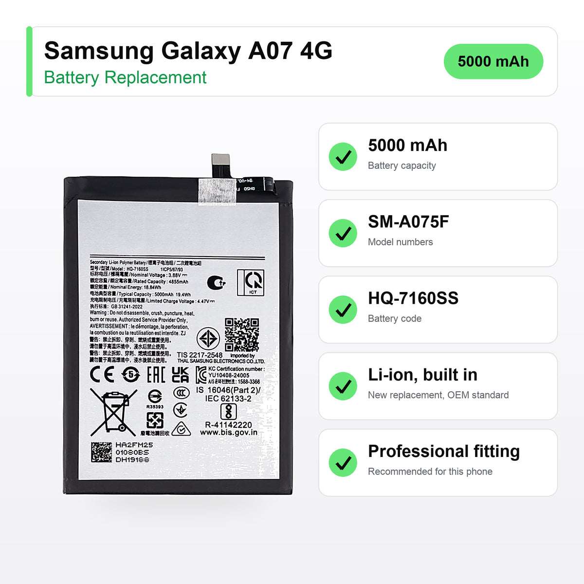 Samsung Galaxy A07 4G battery replacement specs: 5000 mAh, SM-A075F, HQ-7160SS