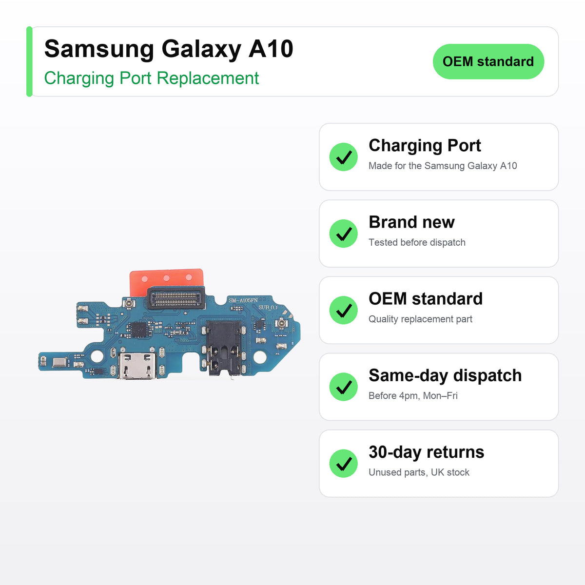 Samsung Galaxy A10 charging port key facts: brand new, tested, same-day UK dispatch