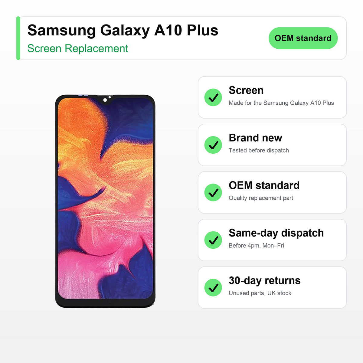 Samsung Galaxy A10 Plus screen key facts: brand new, tested, same-day UK dispatch