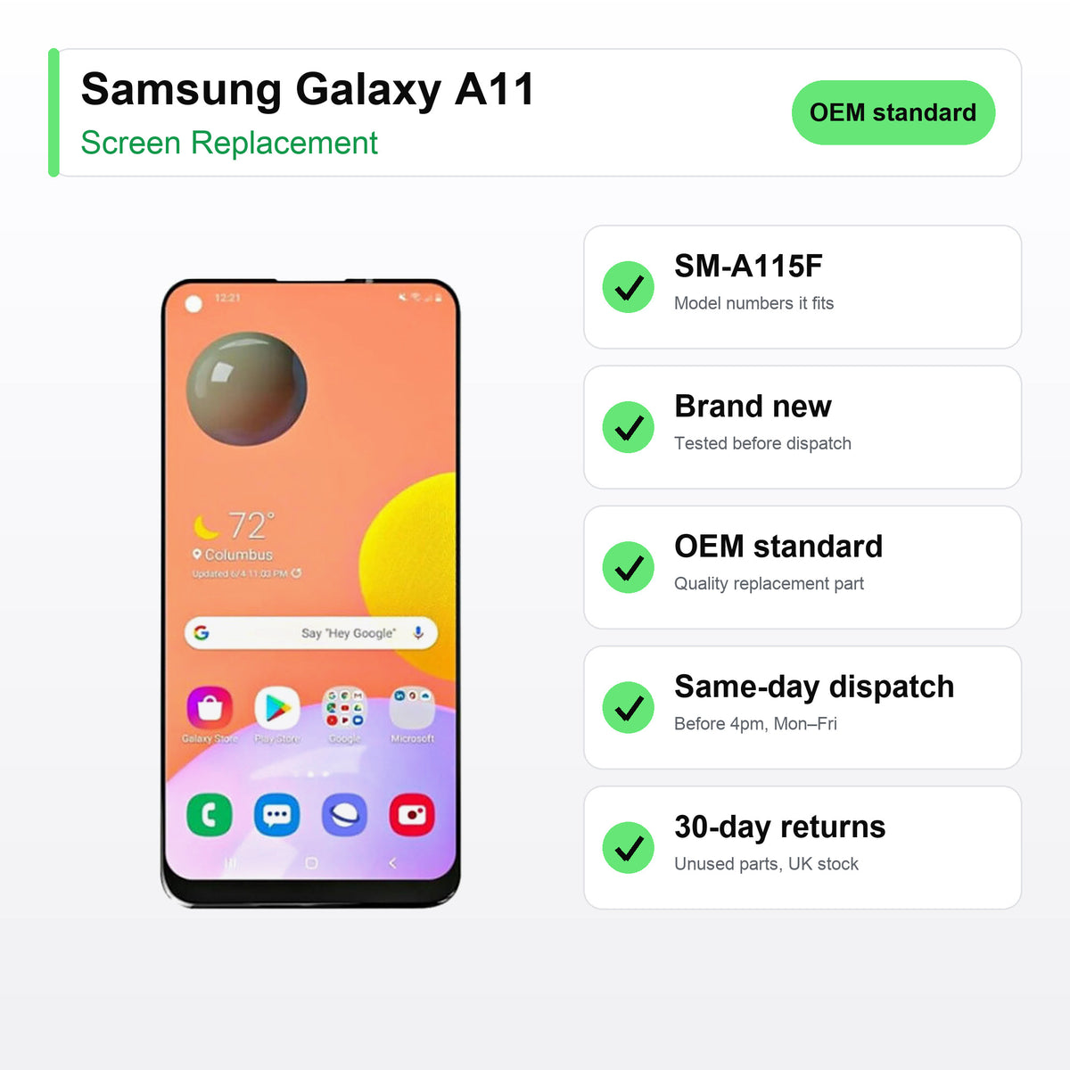 Samsung Galaxy A11 screen key facts: brand new, tested, same-day UK dispatch