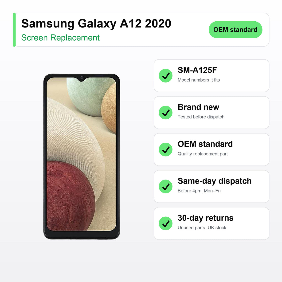 Samsung Galaxy A12 2020 screen key facts: brand new, tested, same-day UK dispatch