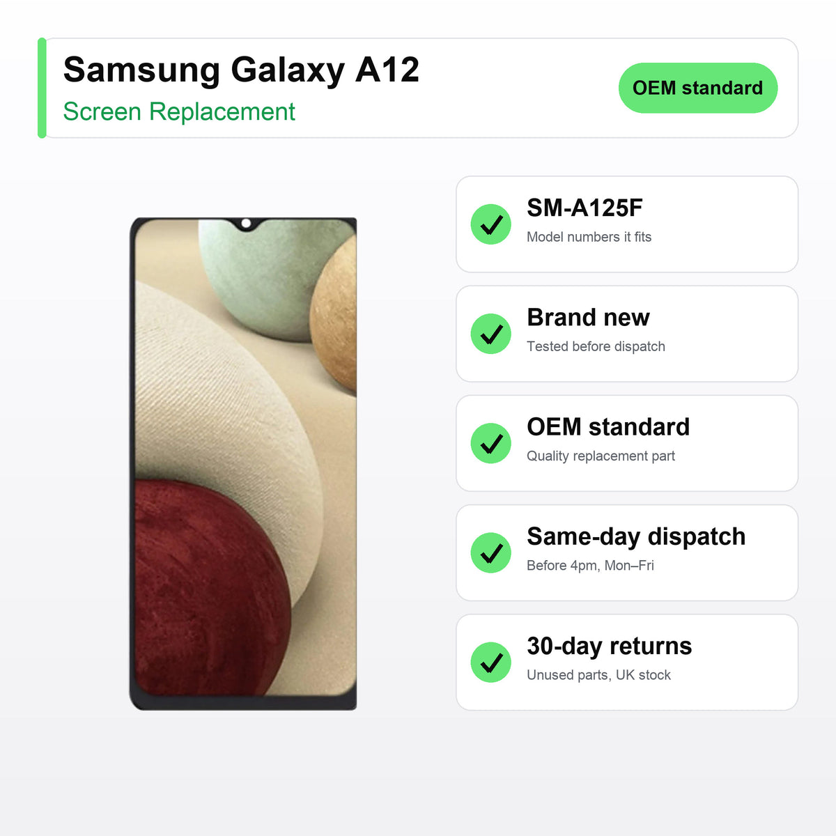 Samsung Galaxy A12 screen key facts: brand new, tested, same-day UK dispatch