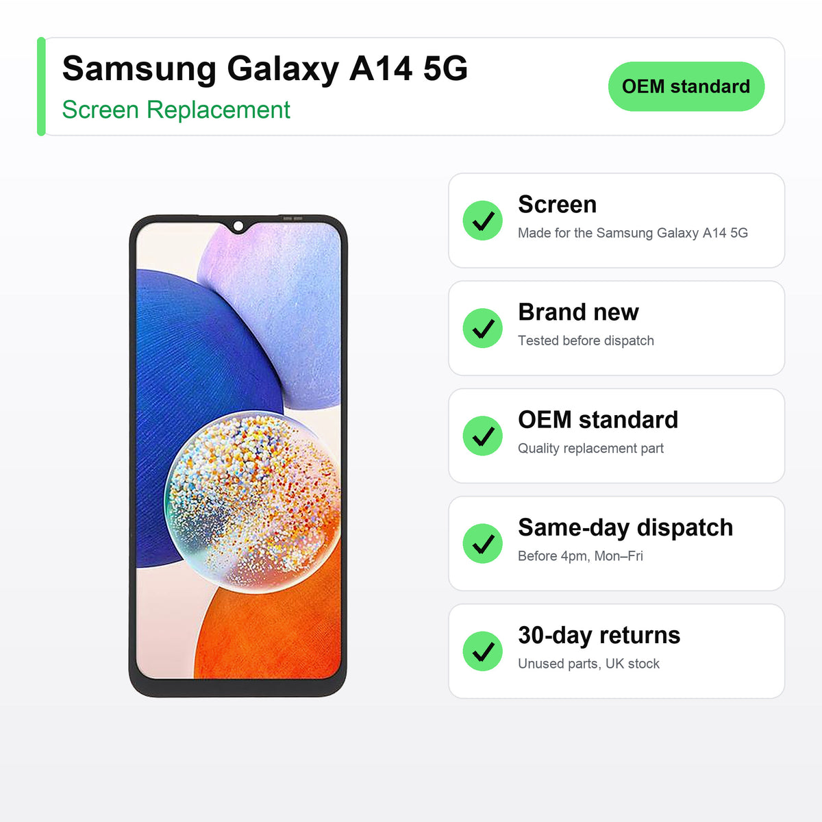 Samsung Galaxy A14 5G screen key facts: brand new, tested, same-day UK dispatch