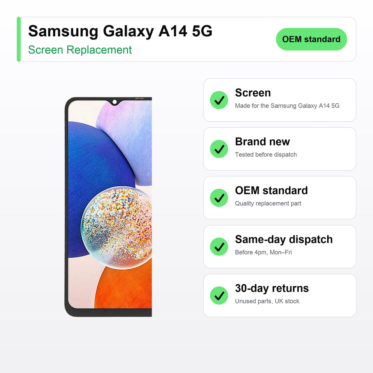 Samsung Galaxy A14 5G screen key facts: brand new, tested, same-day UK dispatch