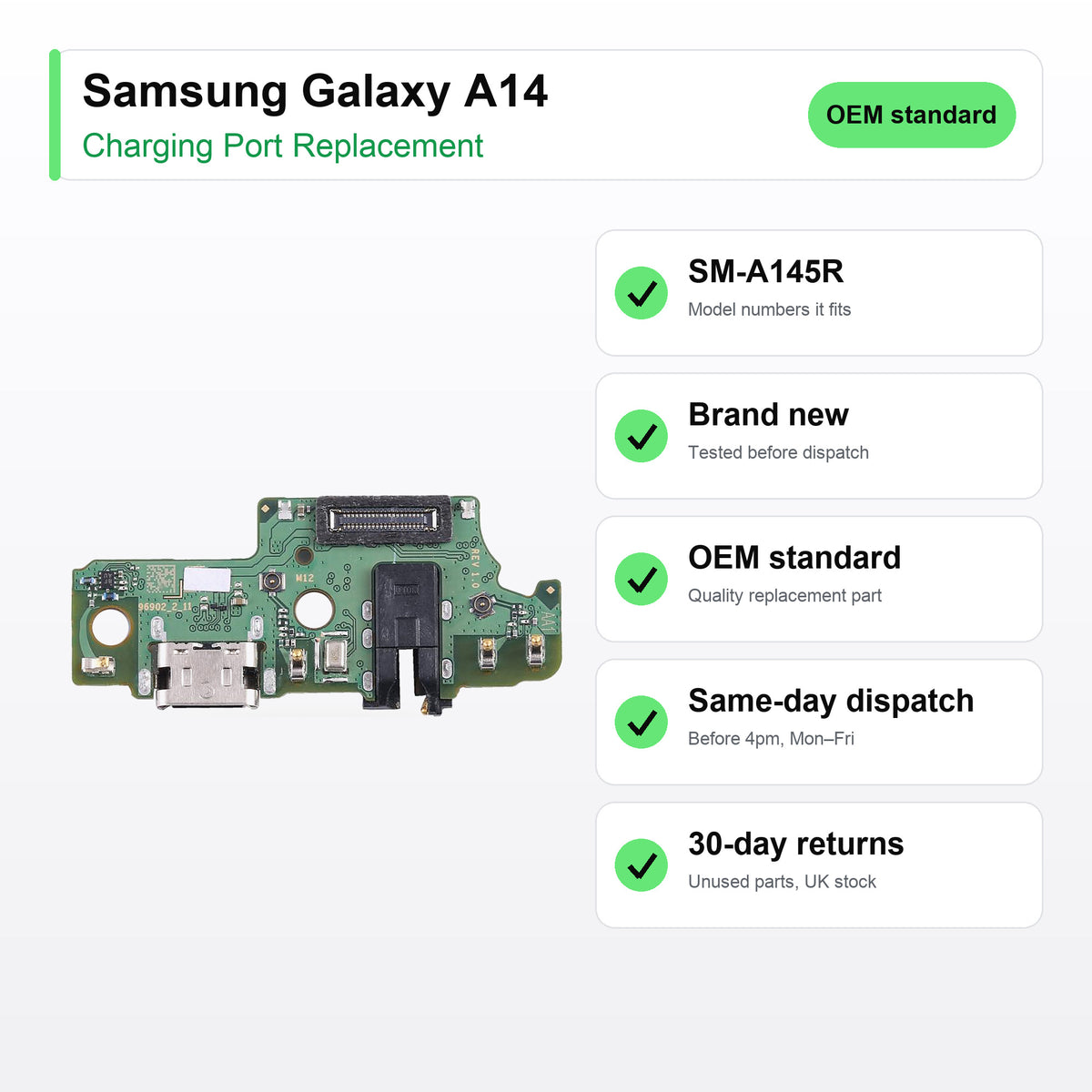 Samsung Galaxy A14 charging port key facts: brand new, tested, same-day UK dispatch