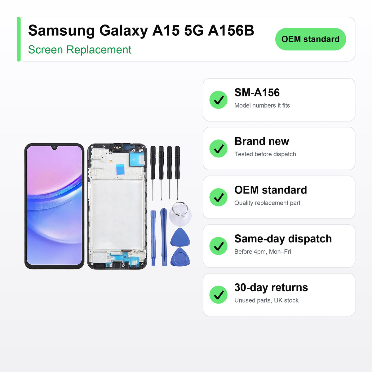 Samsung Galaxy A15 5G A156B screen key facts: brand new, tested, same-day UK dispatch