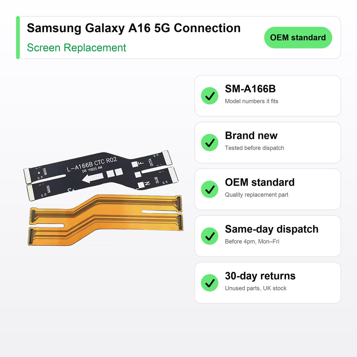 Samsung Galaxy A16 5G Connection screen key facts: brand new, tested, same-day UK dispatch