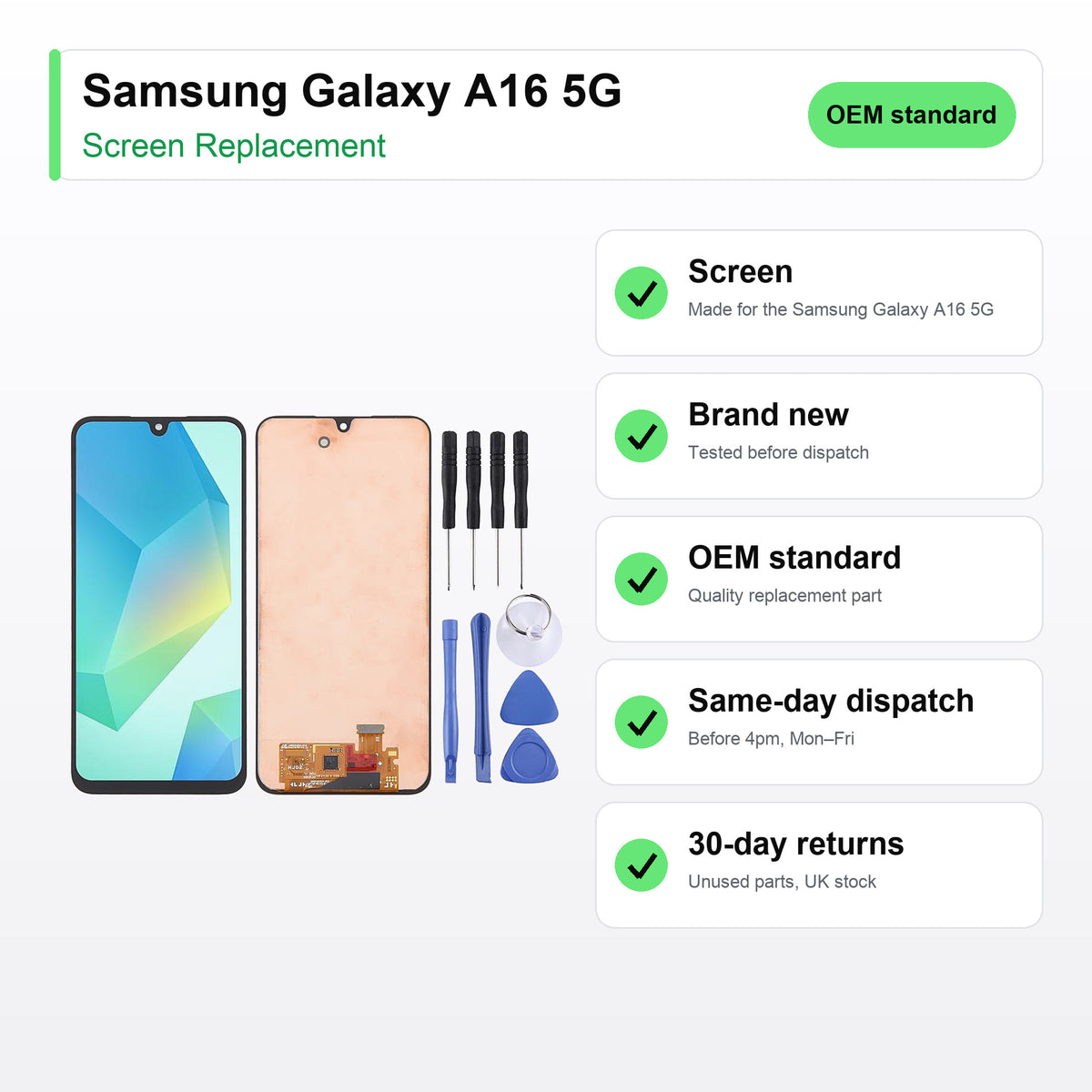 Samsung Galaxy A16 5G screen key facts: brand new, tested, same-day UK dispatch