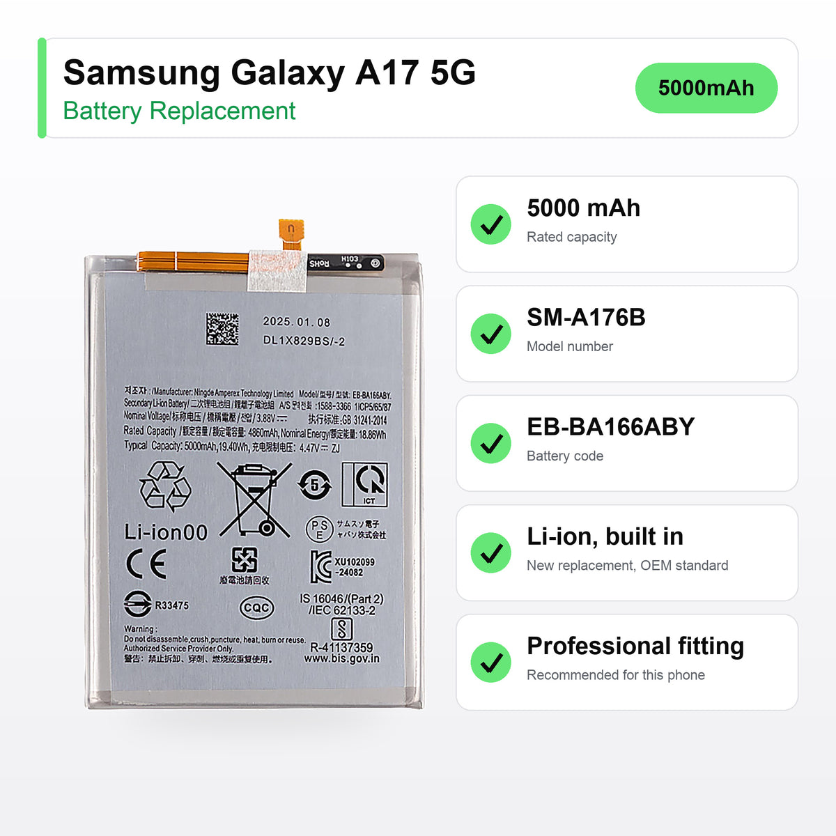 Samsung Galaxy A17 5G battery replacement specs: 5000 mAh, SM-A176B, EB-BA166ABY