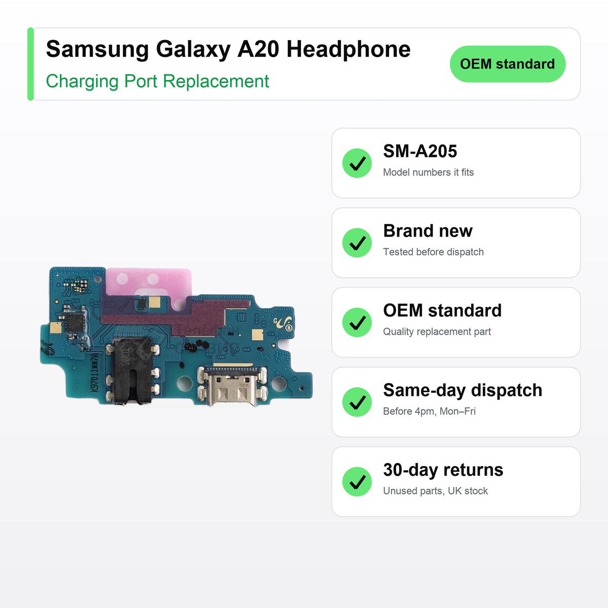 Samsung Galaxy A20 Headphone charging port key facts: brand new, tested, same-day UK dispatch