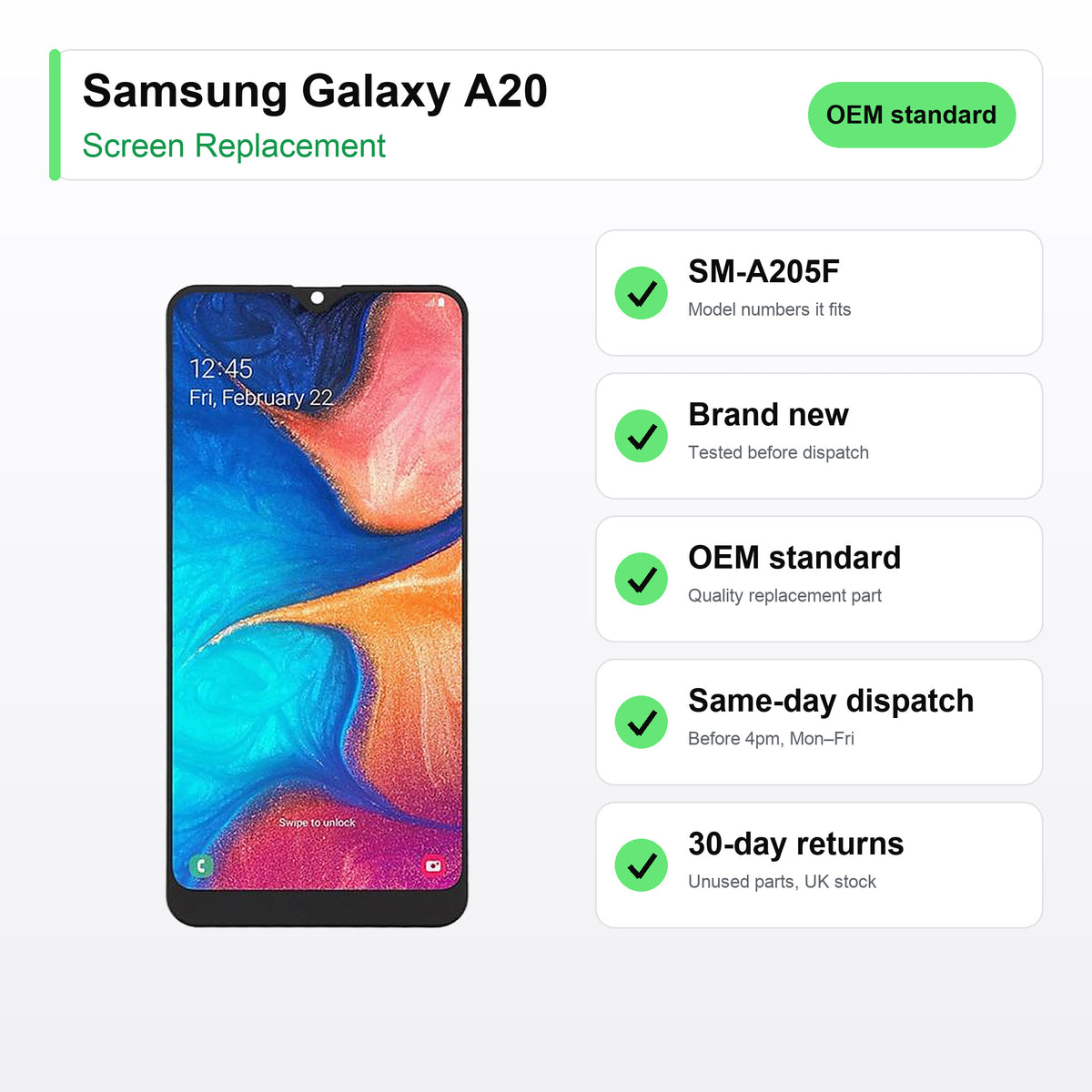 Samsung Galaxy A20 screen key facts: brand new, tested, same-day UK dispatch