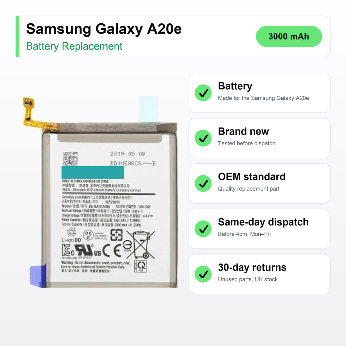 Samsung Galaxy A20e battery key facts: brand new, tested, same-day UK dispatch