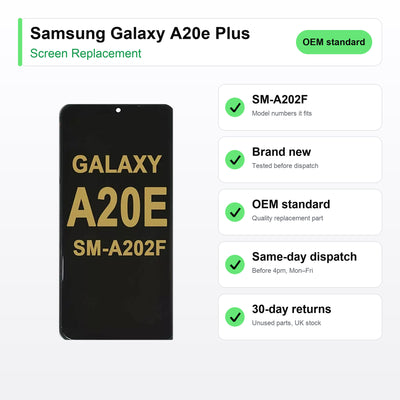 Samsung Galaxy A20e Plus screen key facts: brand new, tested, same-day UK dispatch
