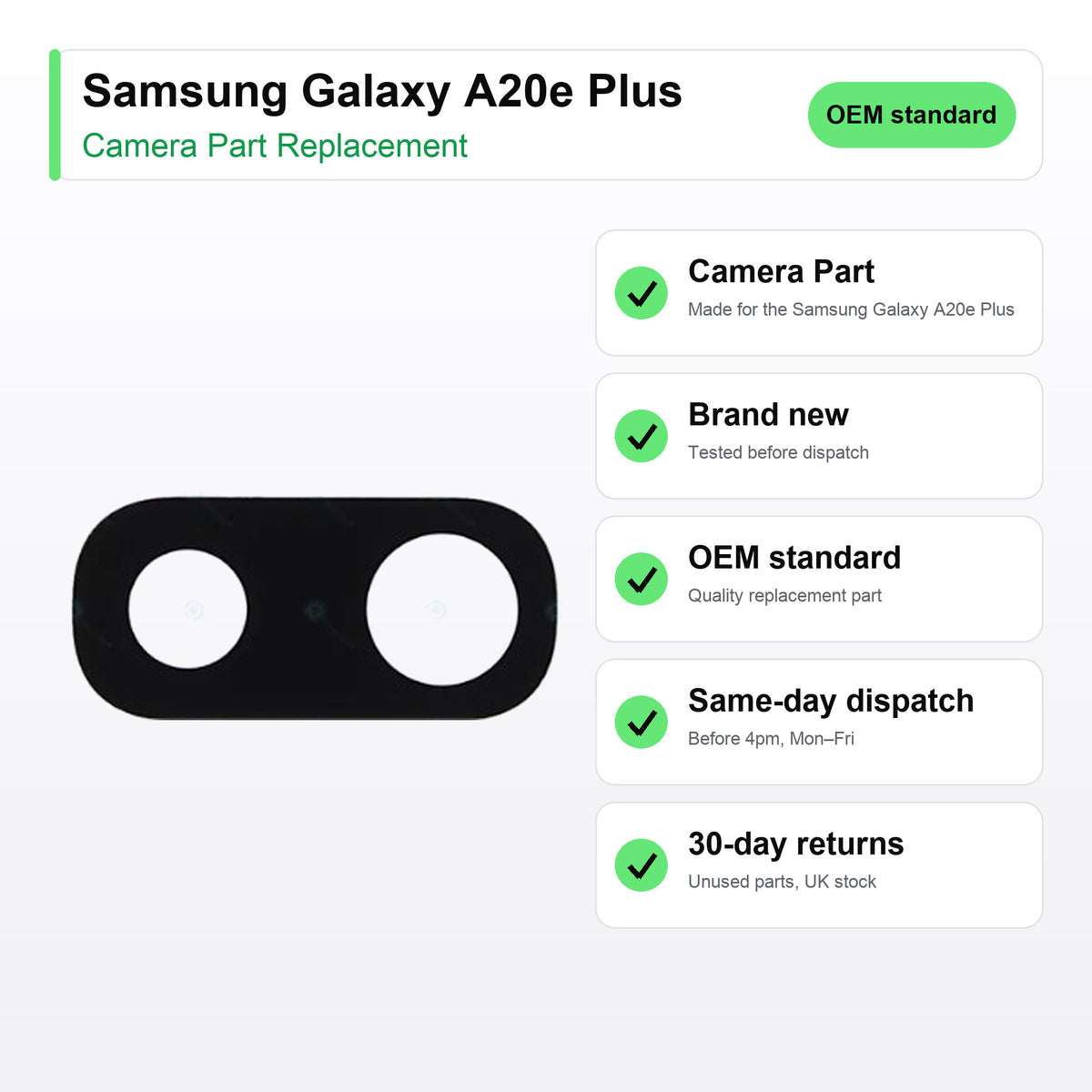 Samsung Galaxy A20e Plus camera lens key facts: brand new, tested, same-day UK dispatch