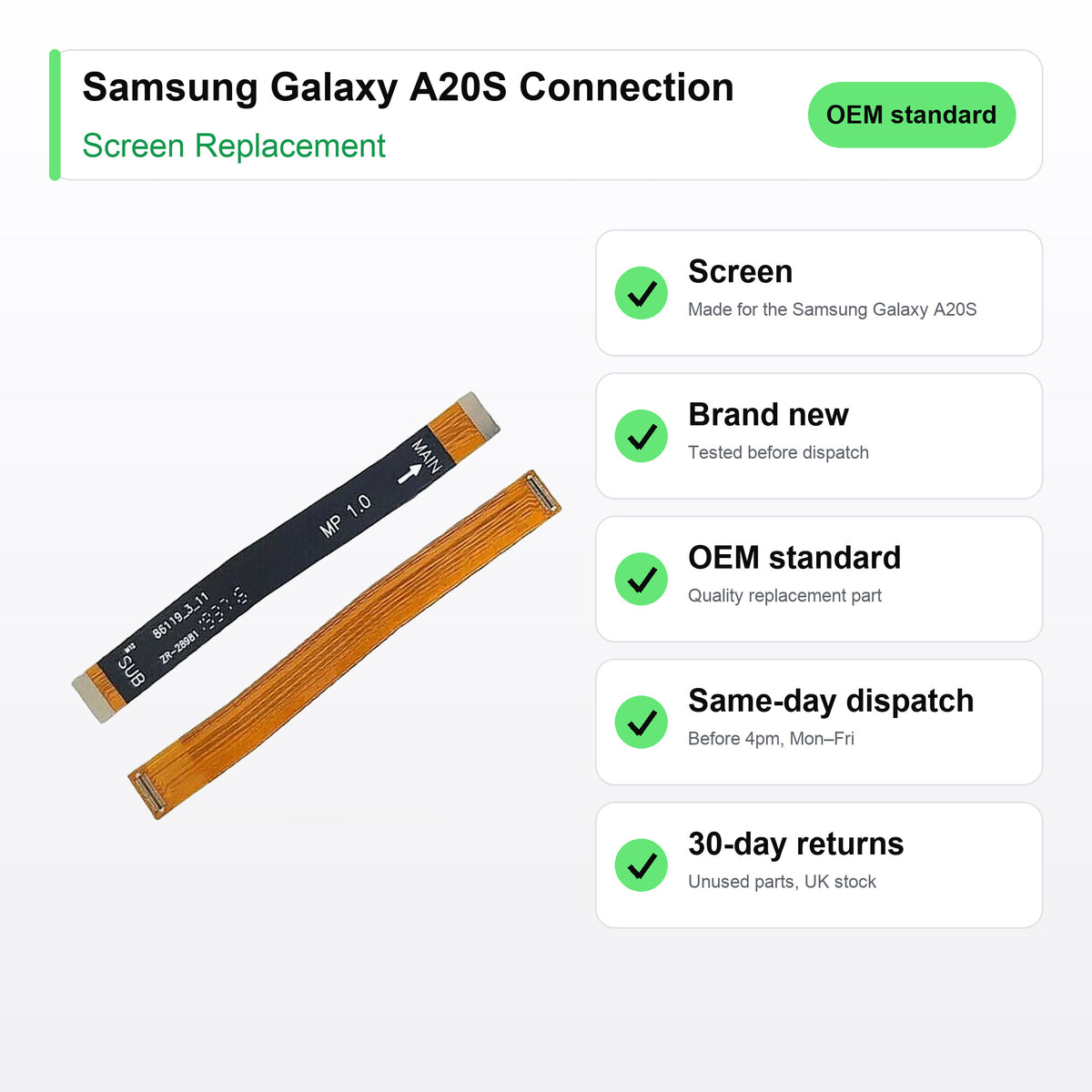 Samsung Galaxy A20S Connection screen key facts: brand new, tested, same-day UK dispatch