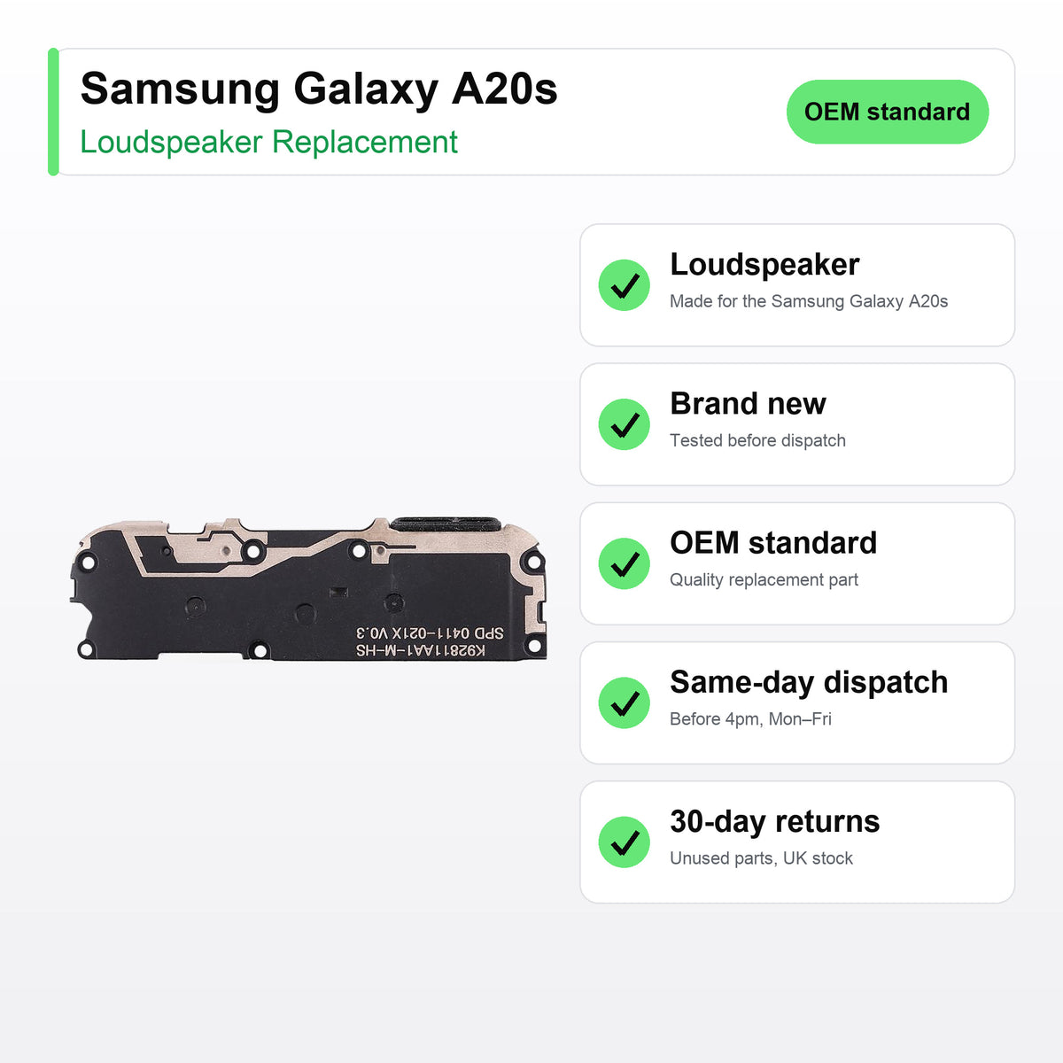 Samsung Galaxy A20s loudspeaker key facts: brand new, tested, same-day UK dispatch