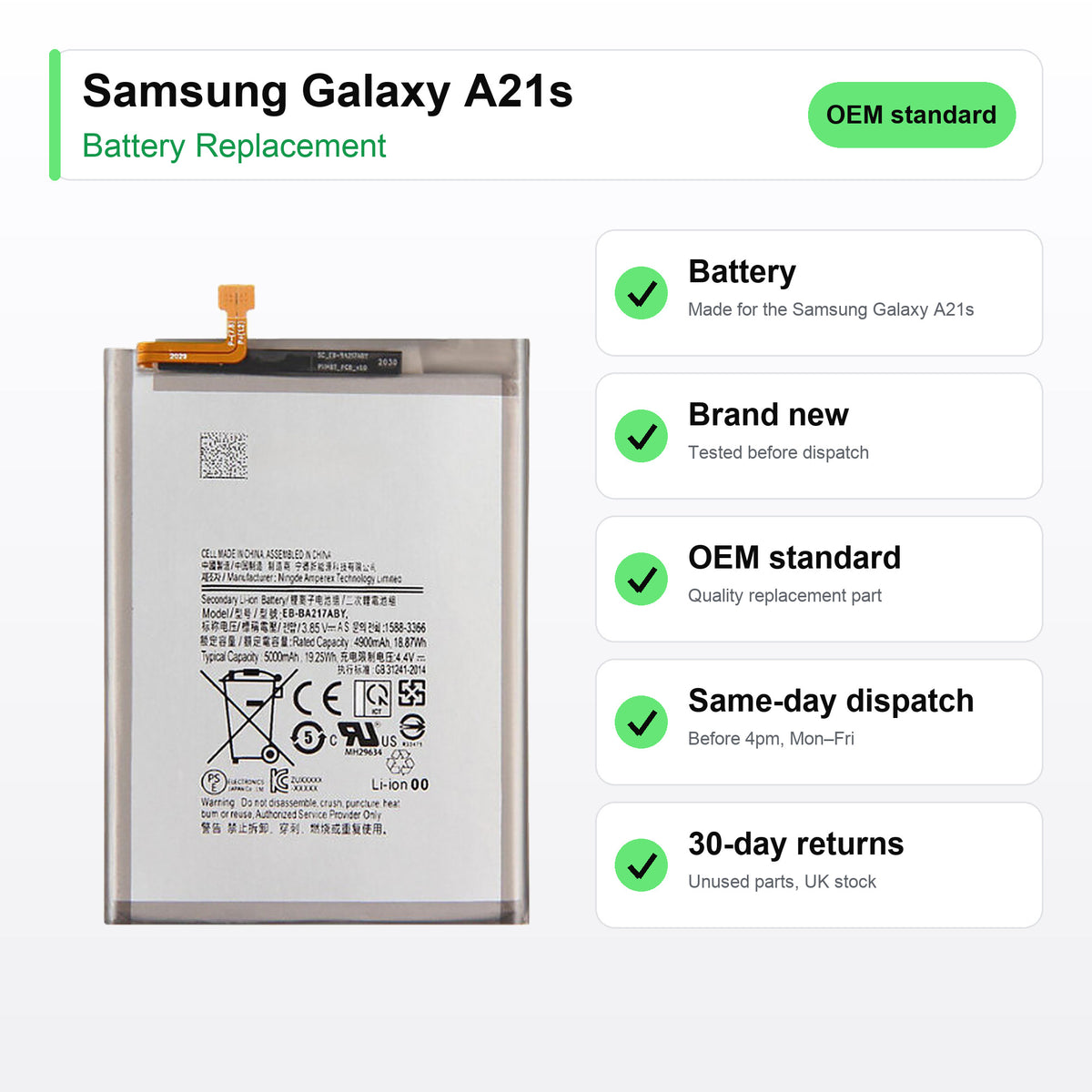 Samsung Galaxy A21s battery key facts: brand new, tested, same-day UK dispatch