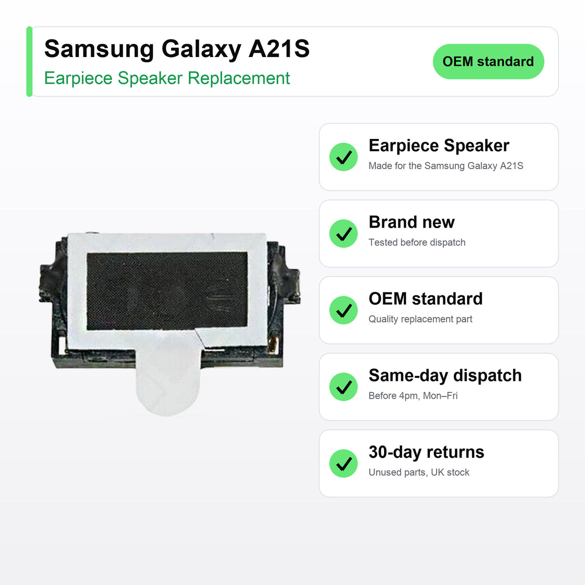 Samsung Galaxy A21S earpiece speaker key facts: brand new, tested, same-day UK dispatch
