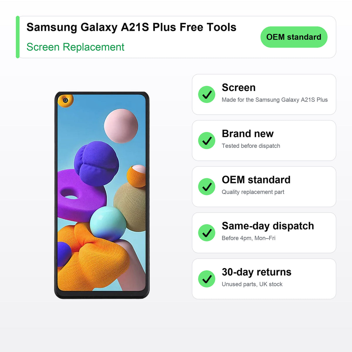 Samsung Galaxy A21S Plus Free Tools screen key facts: brand new, tested, same-day UK dispatch