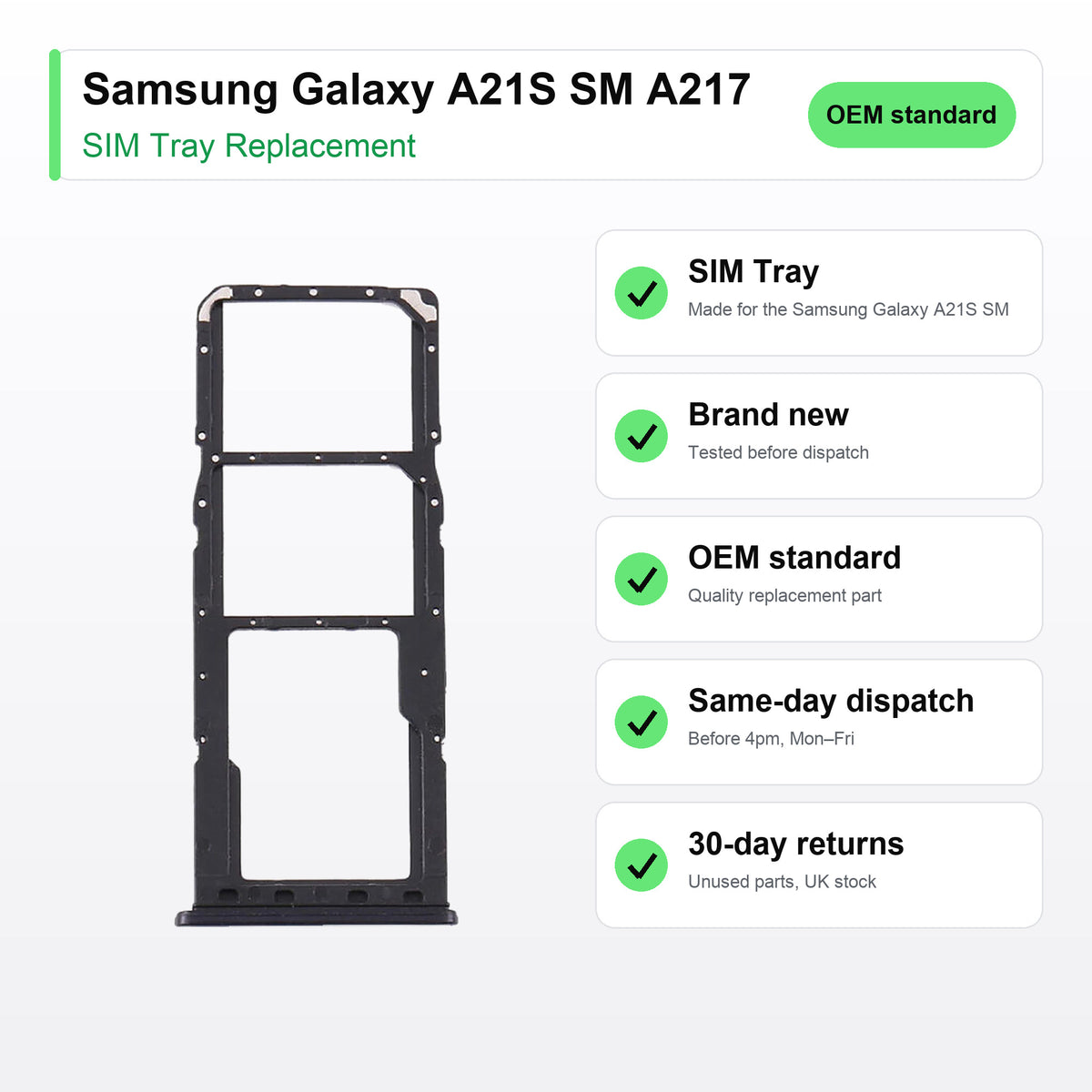 Samsung Galaxy A21S SM A217 SIM tray key facts: brand new, tested, same-day UK dispatch