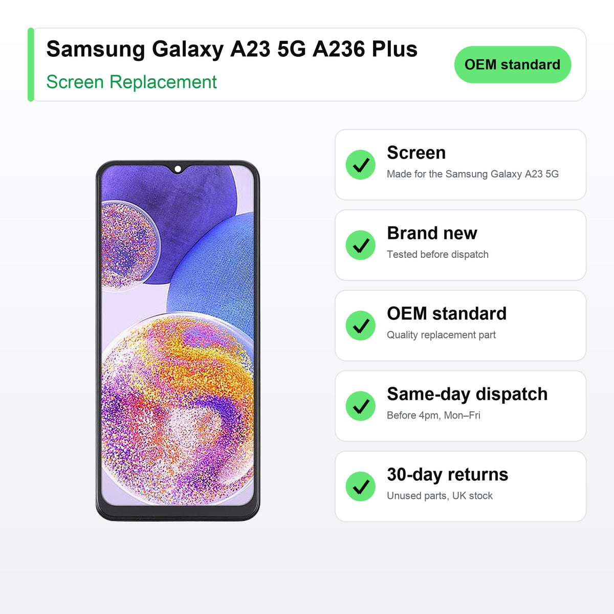 Samsung Galaxy A23 5G A236 Plus screen key facts: brand new, tested, same-day UK dispatch