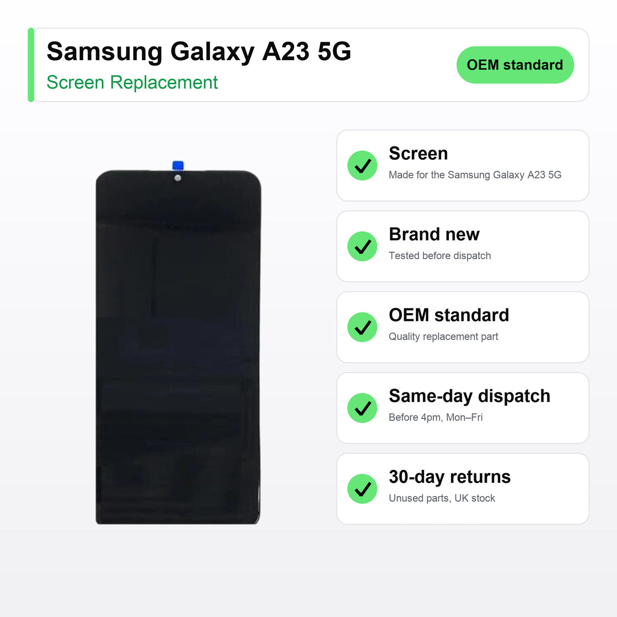 Samsung Galaxy A23 5G screen key facts: brand new, tested, same-day UK dispatch