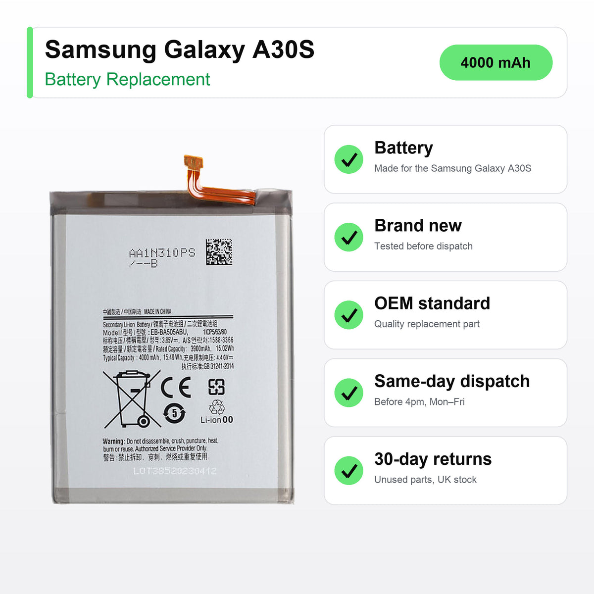 Samsung Galaxy A30S battery key facts: brand new, tested, same-day UK dispatch