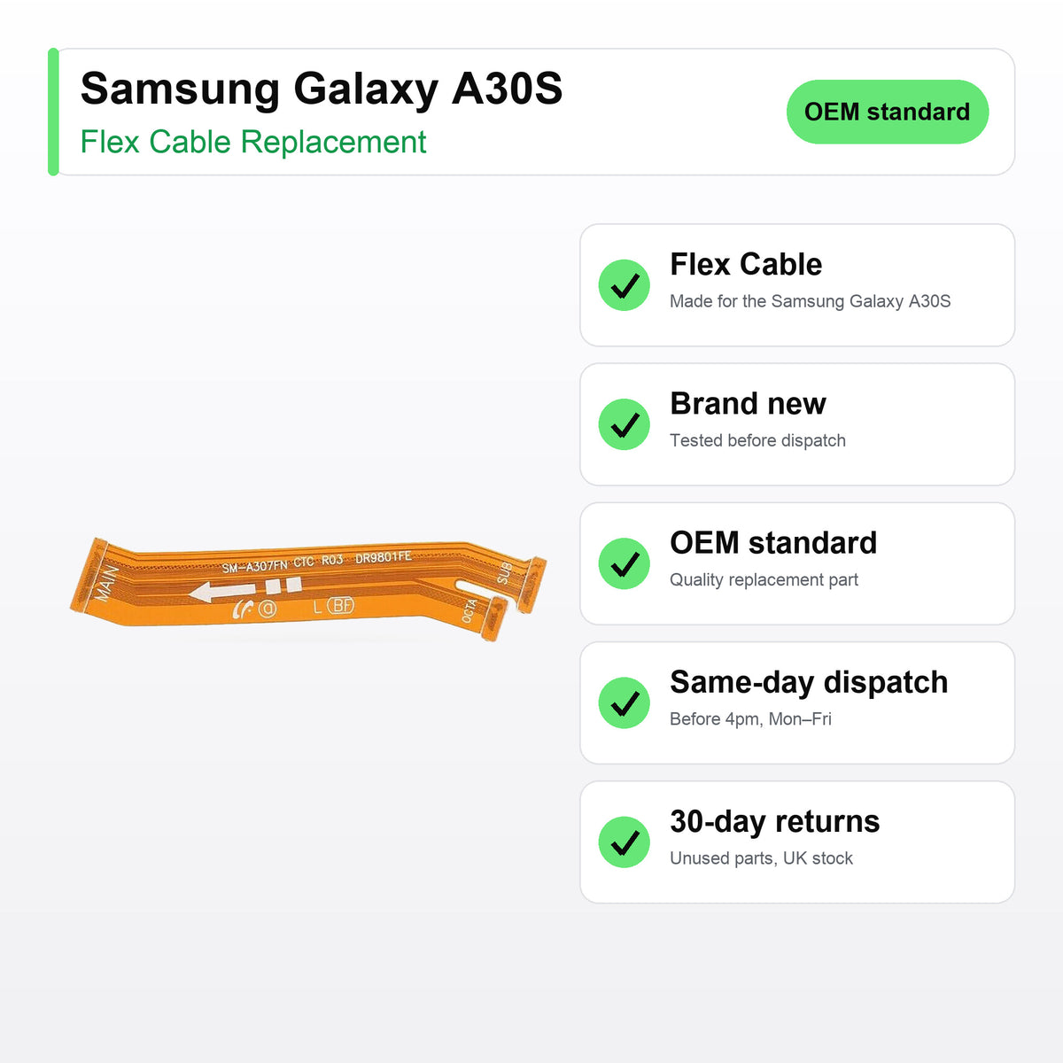 Samsung Galaxy A30S flex cable key facts: brand new, tested, same-day UK dispatch