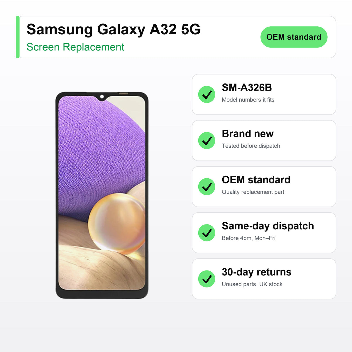 Samsung Galaxy A32 5G screen key facts: brand new, tested, same-day UK dispatch