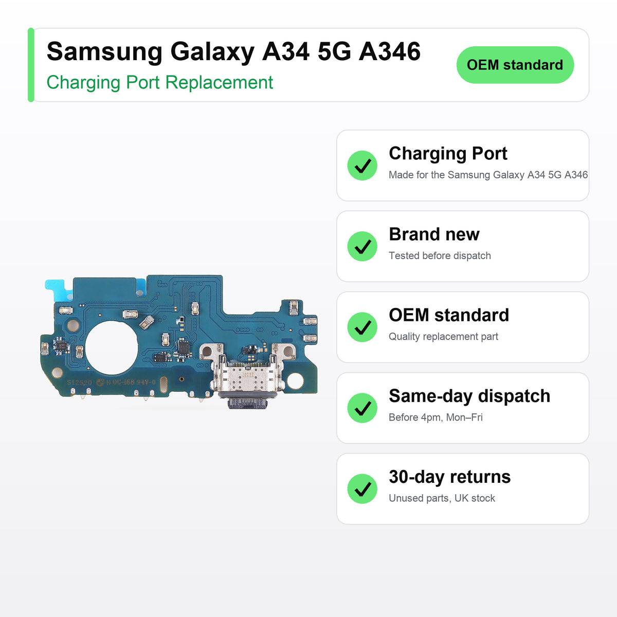 Samsung Galaxy A34 5G A346 charging port key facts: brand new, tested, same-day UK dispatch