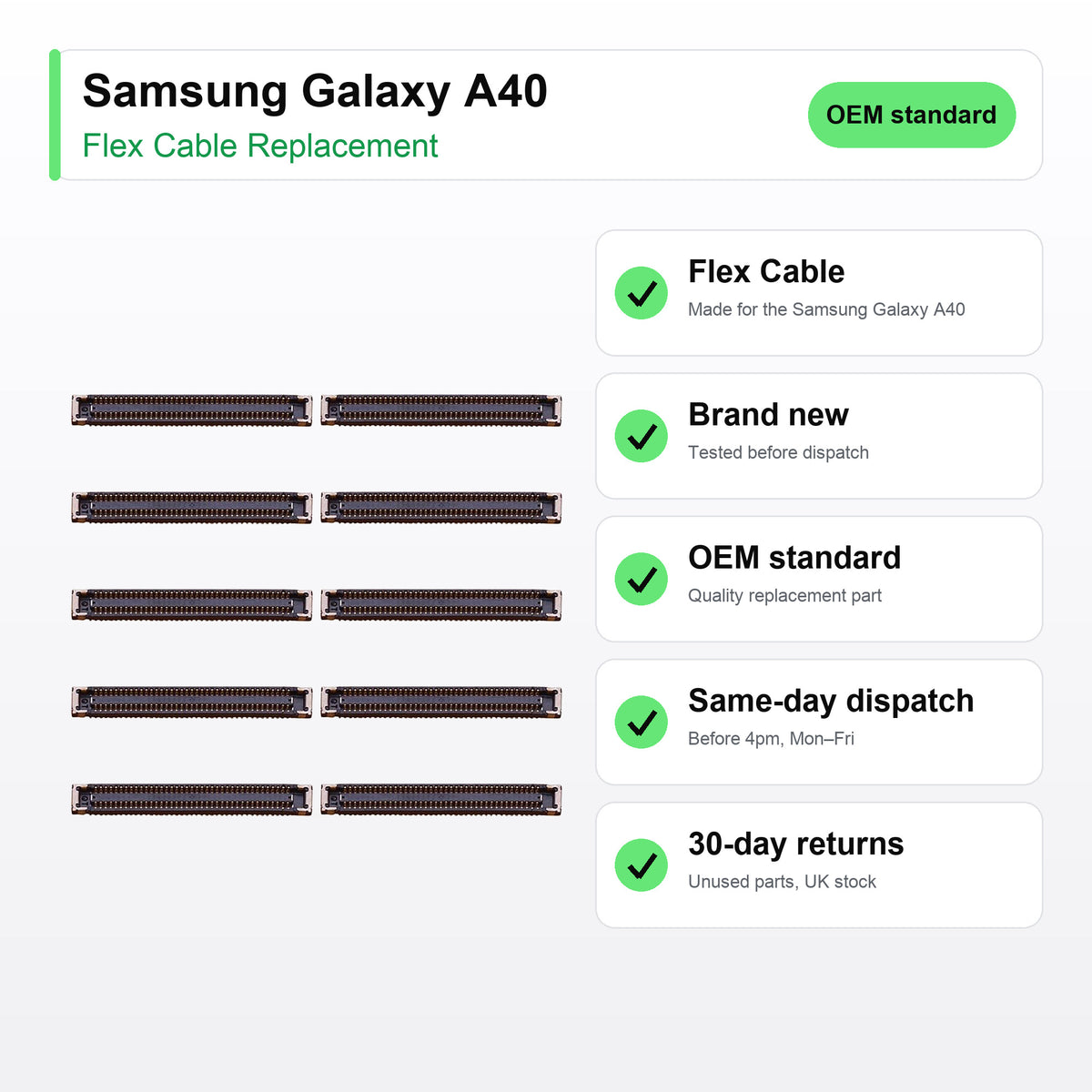Samsung Galaxy A40 flex cable key facts: brand new, tested, same-day UK dispatch