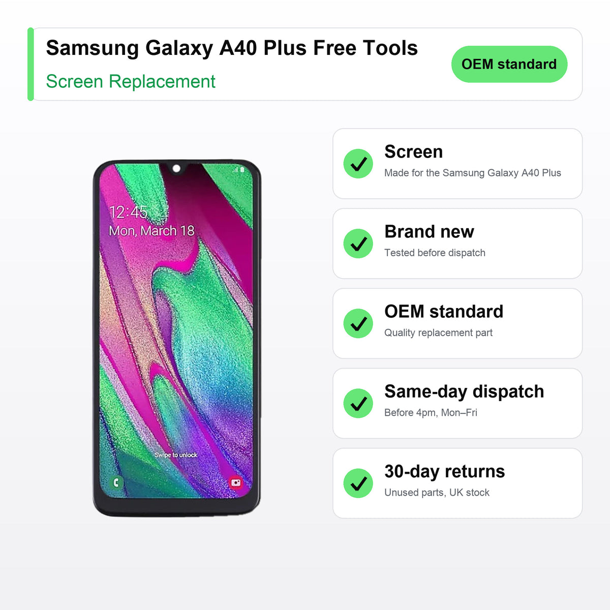 Samsung Galaxy A40 Plus Free Tools screen key facts: brand new, tested, same-day UK dispatch