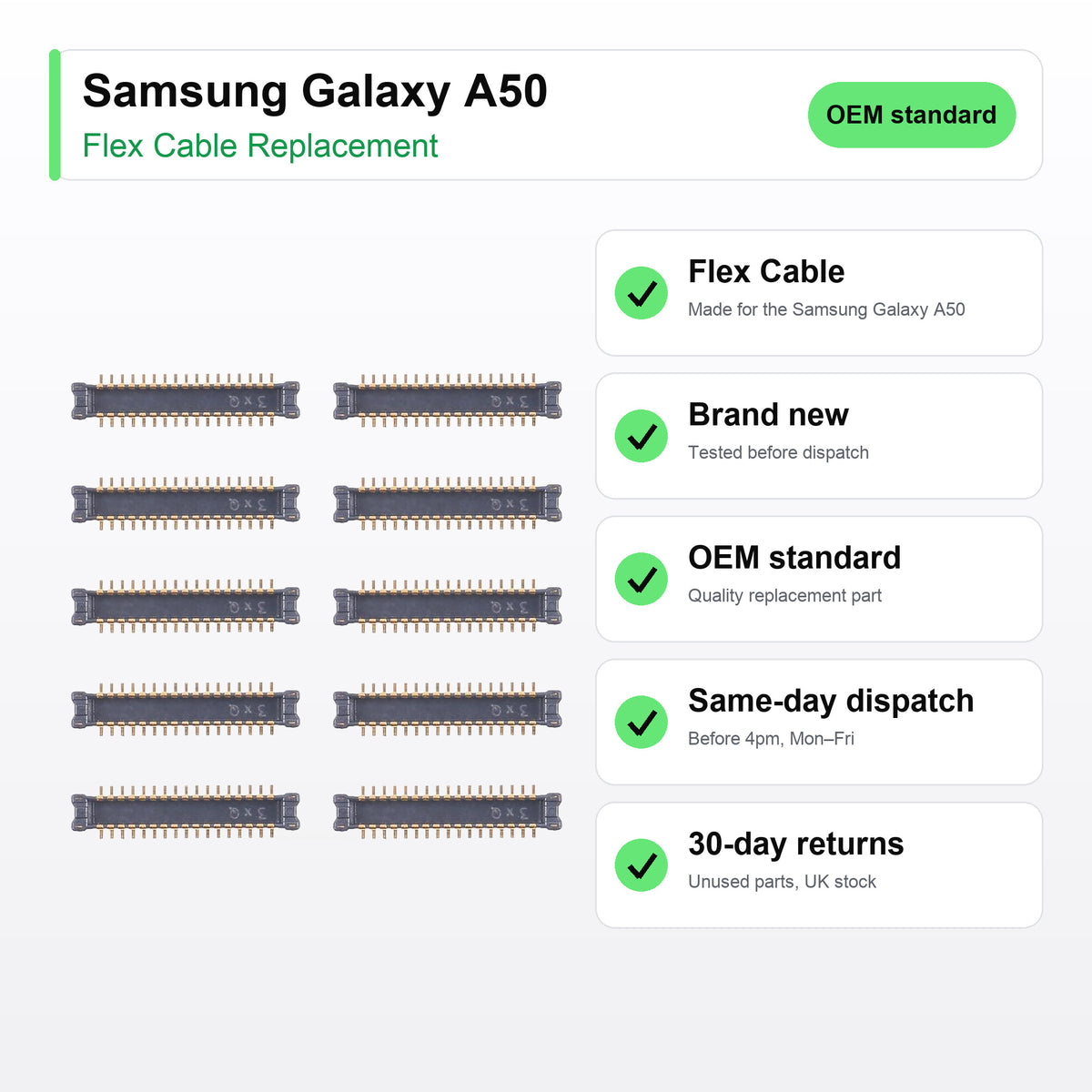 Samsung Galaxy A50 flex cable key facts: brand new, tested, same-day UK dispatch