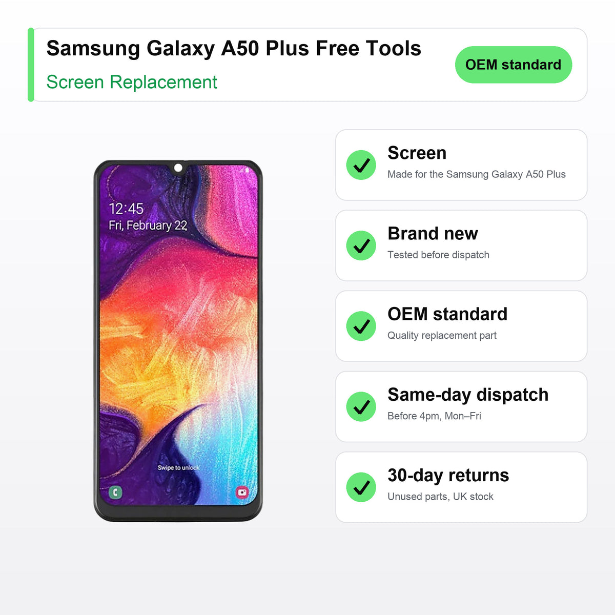 Samsung Galaxy A50 Plus Free Tools screen key facts: brand new, tested, same-day UK dispatch