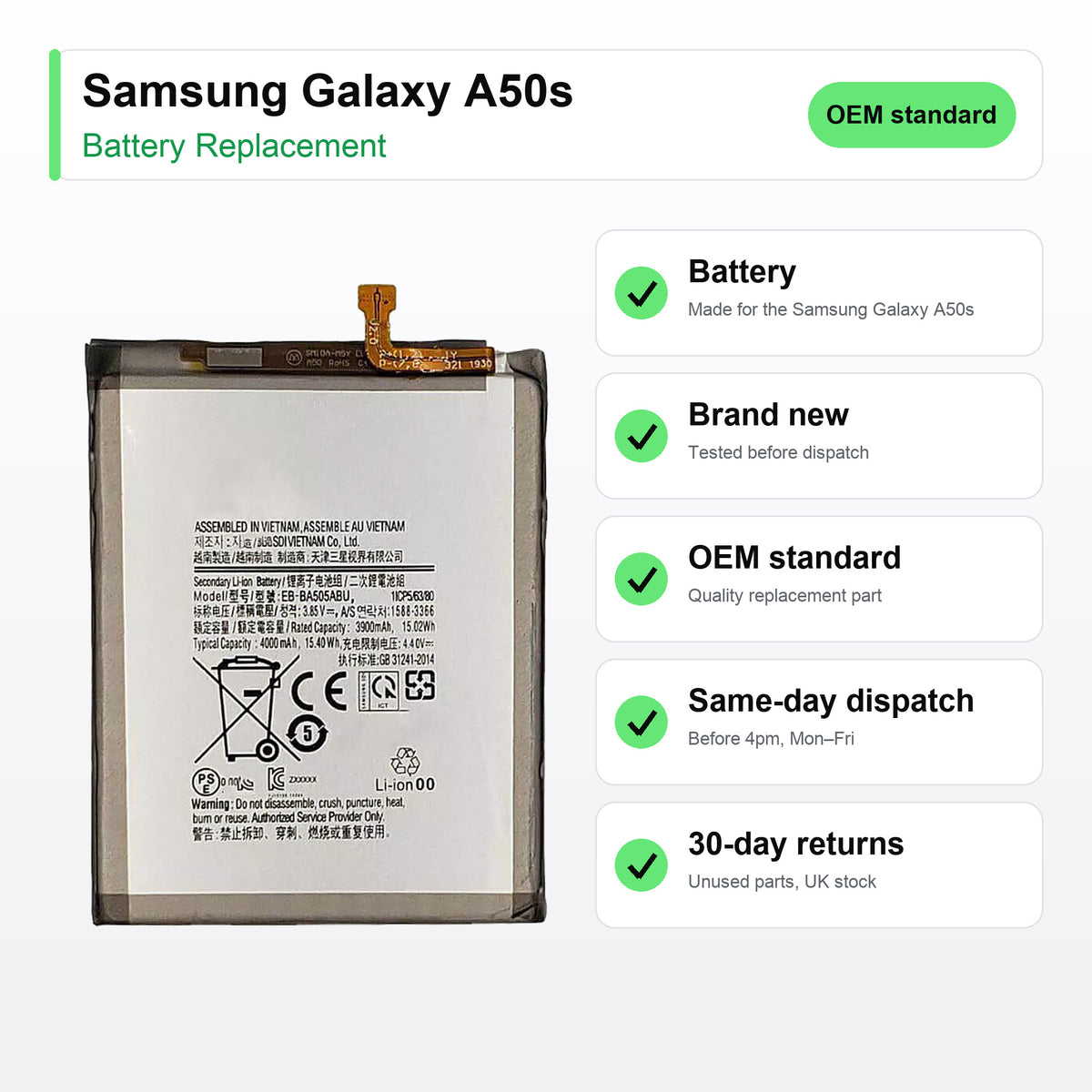 Samsung Galaxy A50s battery key facts: brand new, tested, same-day UK dispatch