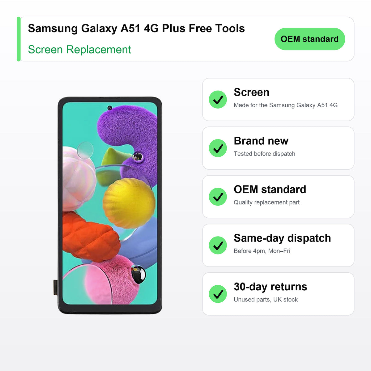 Samsung Galaxy A51 4G Plus Free Tools screen key facts: brand new, tested, same-day UK dispatch