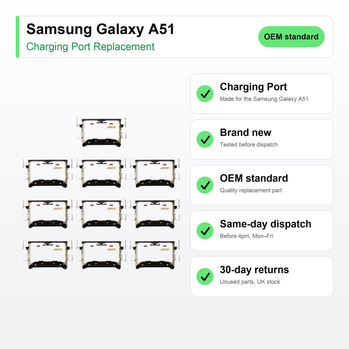 Samsung Galaxy A51 charging port key facts: brand new, tested, same-day UK dispatch
