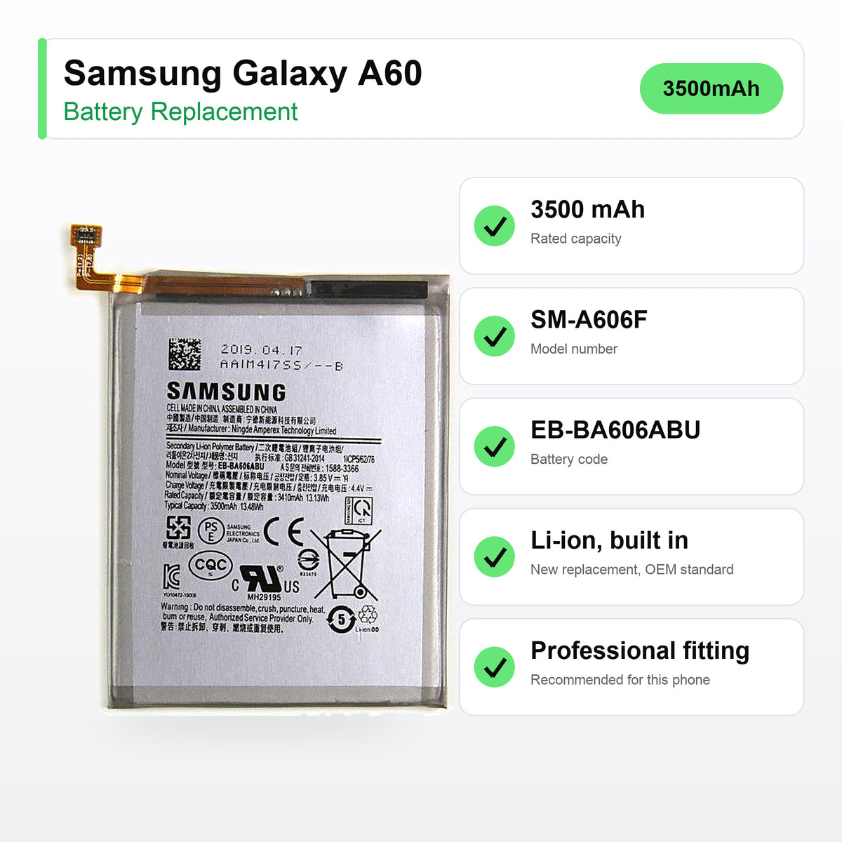 Samsung Galaxy A60 battery replacement specs: 3500 mAh, SM-A606F, EB-BA606ABU