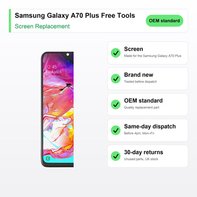 Samsung Galaxy A70 Plus Free Tools screen key facts: brand new, tested, same-day UK dispatch