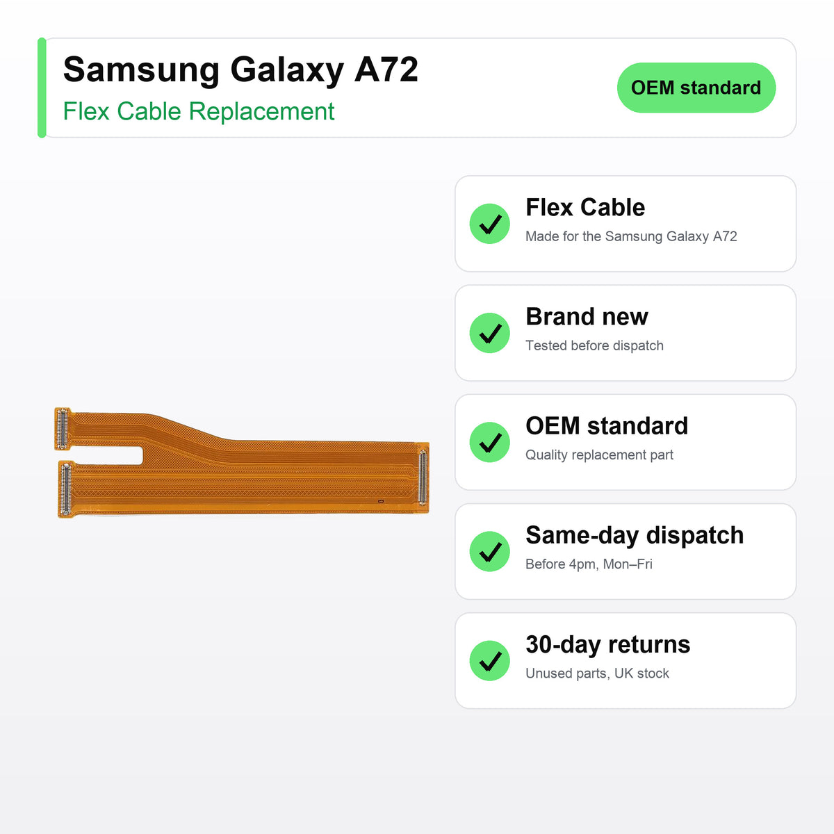 Samsung Galaxy A72 flex cable key facts: brand new, tested, same-day UK dispatch
