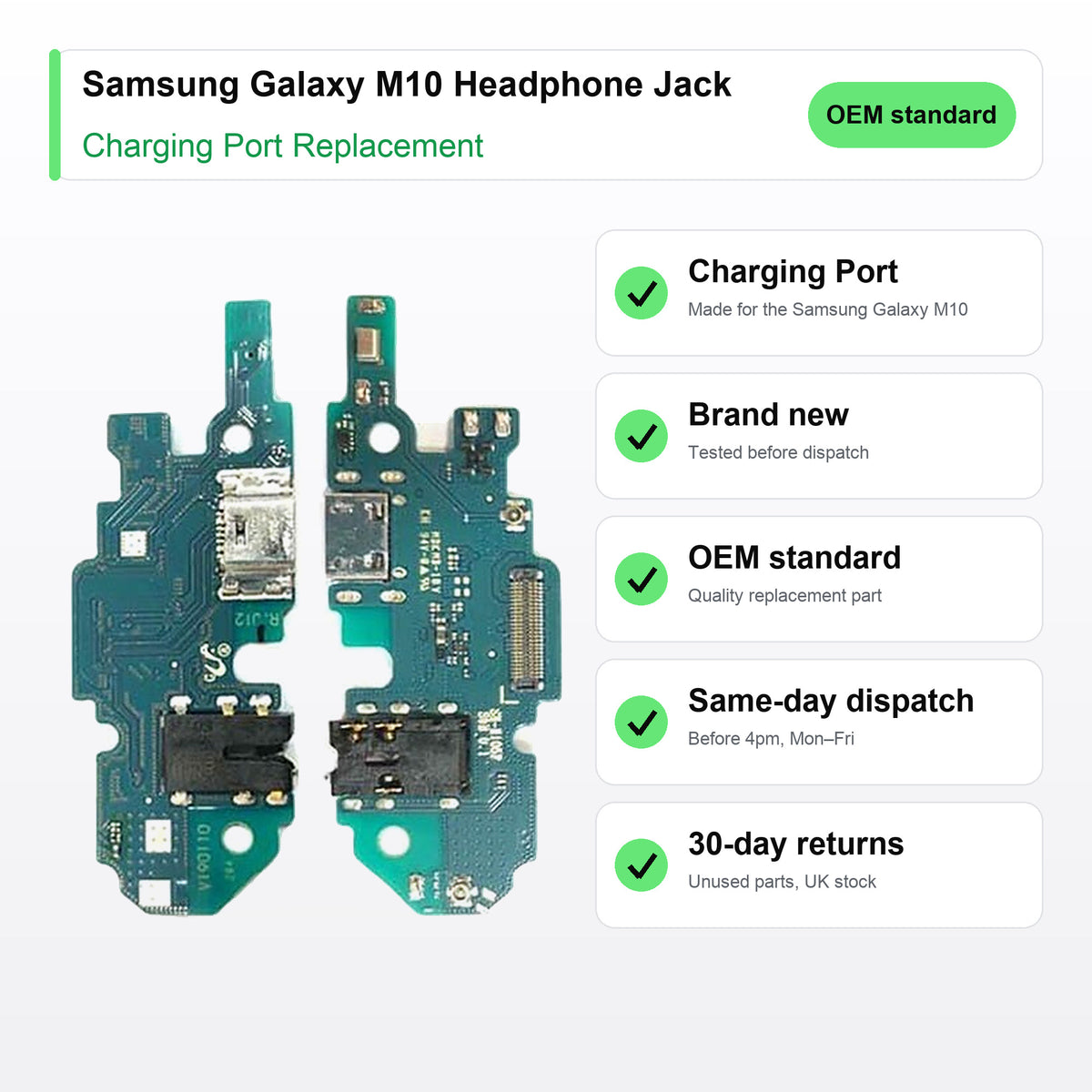 Samsung Galaxy M10 Headphone Jack charging port key facts: brand new, tested, same-day UK dispatch