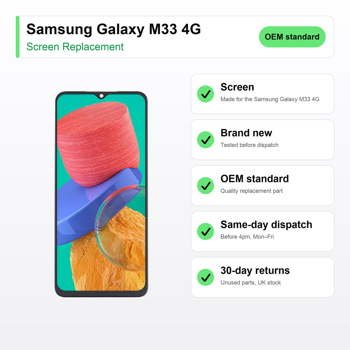 Samsung Galaxy M33 4G screen key facts: brand new, tested, same-day UK dispatch