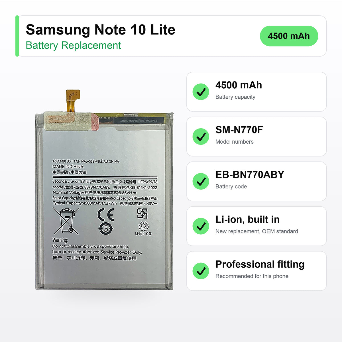 Samsung Note 10 Lite battery replacement specs: 4500 mAh, SM-N770F, EB-BN770ABY